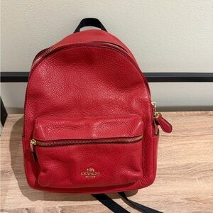 Coach Red Pebbled Leather Backpack with Gold Hardware